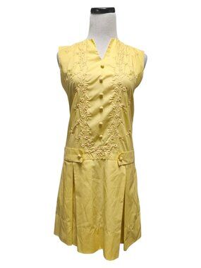 60s Tesoro's yellow embroidered drop-waist mod dress . fits S . Philippine made